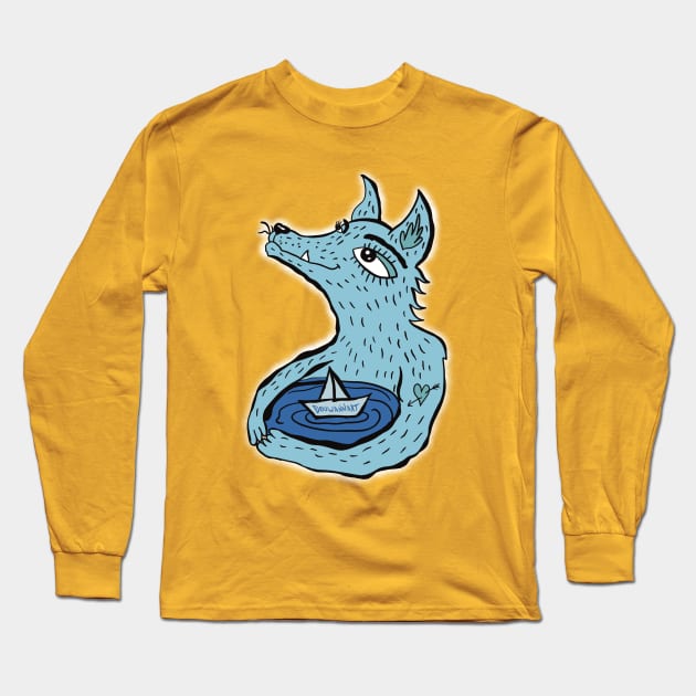 Blue wolf and sea Long Sleeve T-Shirt by Douwannart